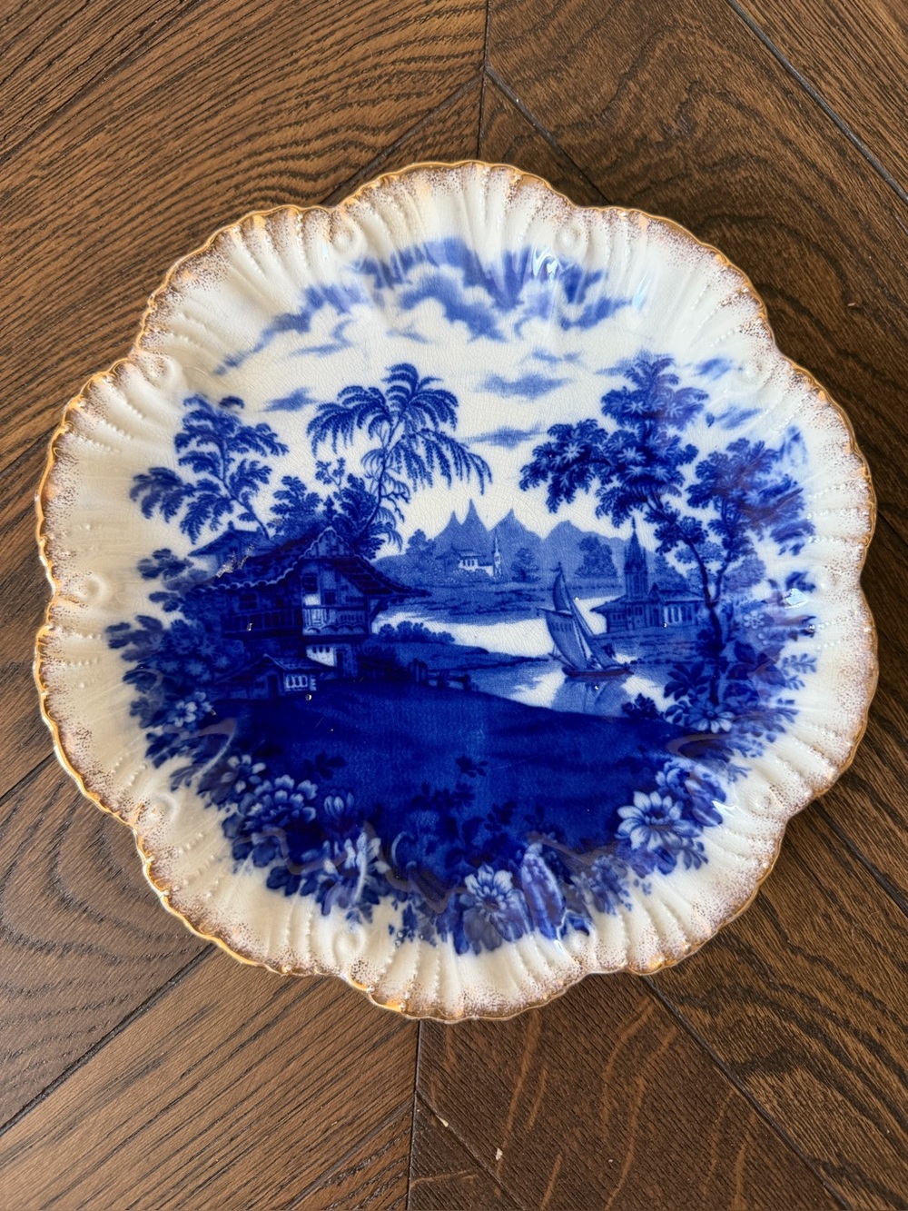 Antique Blue and White Scenic Ceramic Plate with Gilded Rim